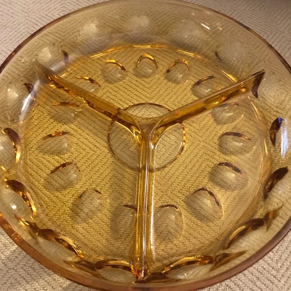 Vintage Hazel Atlas Reflection Amber Thumbprint 3-part Divided Relish Dish - Picture 2 of 7